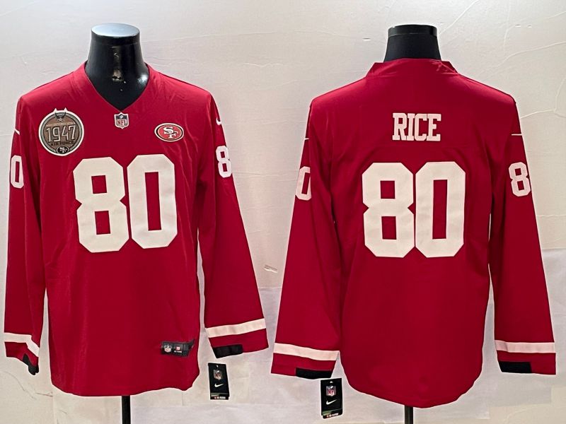 Men San Francisco 49ers #80 Rice Red long sleeve 2024 Nike NFL Jersey style 01041->san francisco 49ers->NFL Jersey